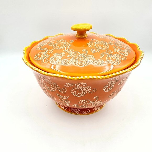 Tara Temptations Pumpkin Floral Lace Serving Bowl w Lid Ovenware Orange 3 quart - Picture 2 of 15